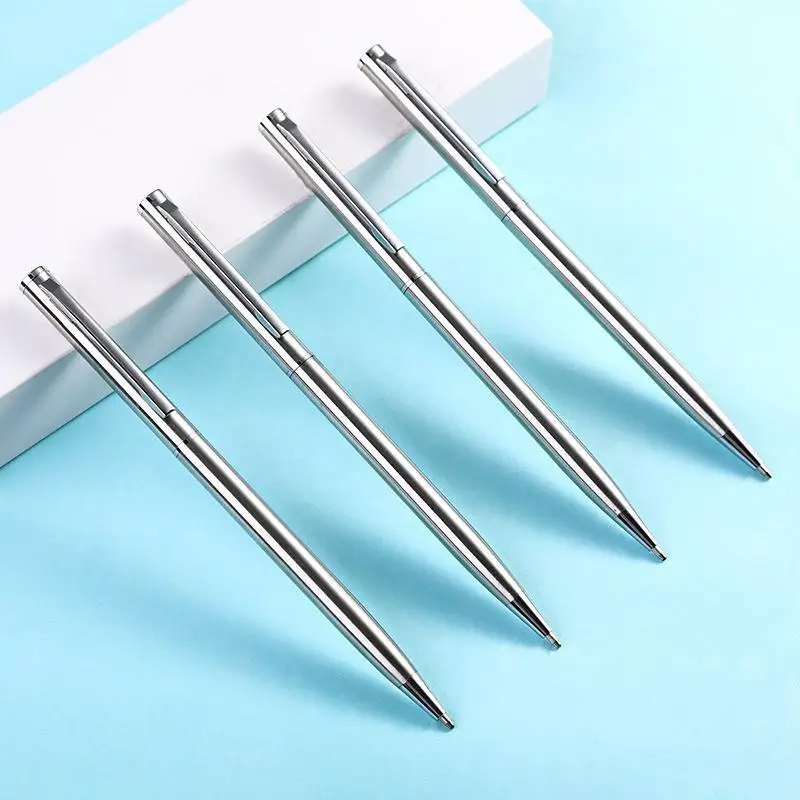 2/4pcs Elegant Silver Stainless Steel Ballpoint Pens Medium Nib Twist-Top Smooth Writing Durable Office Pens Set for Business