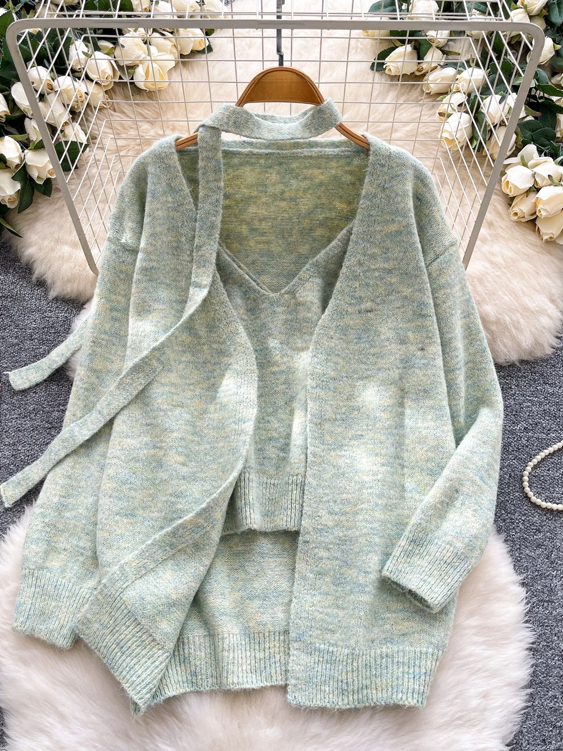 

Ladies' Lazy Style Knitted Sweater Set Casual Loose Fit Autumn Winter Fashion Vest Top And Cardigan Outerwear Ensemble