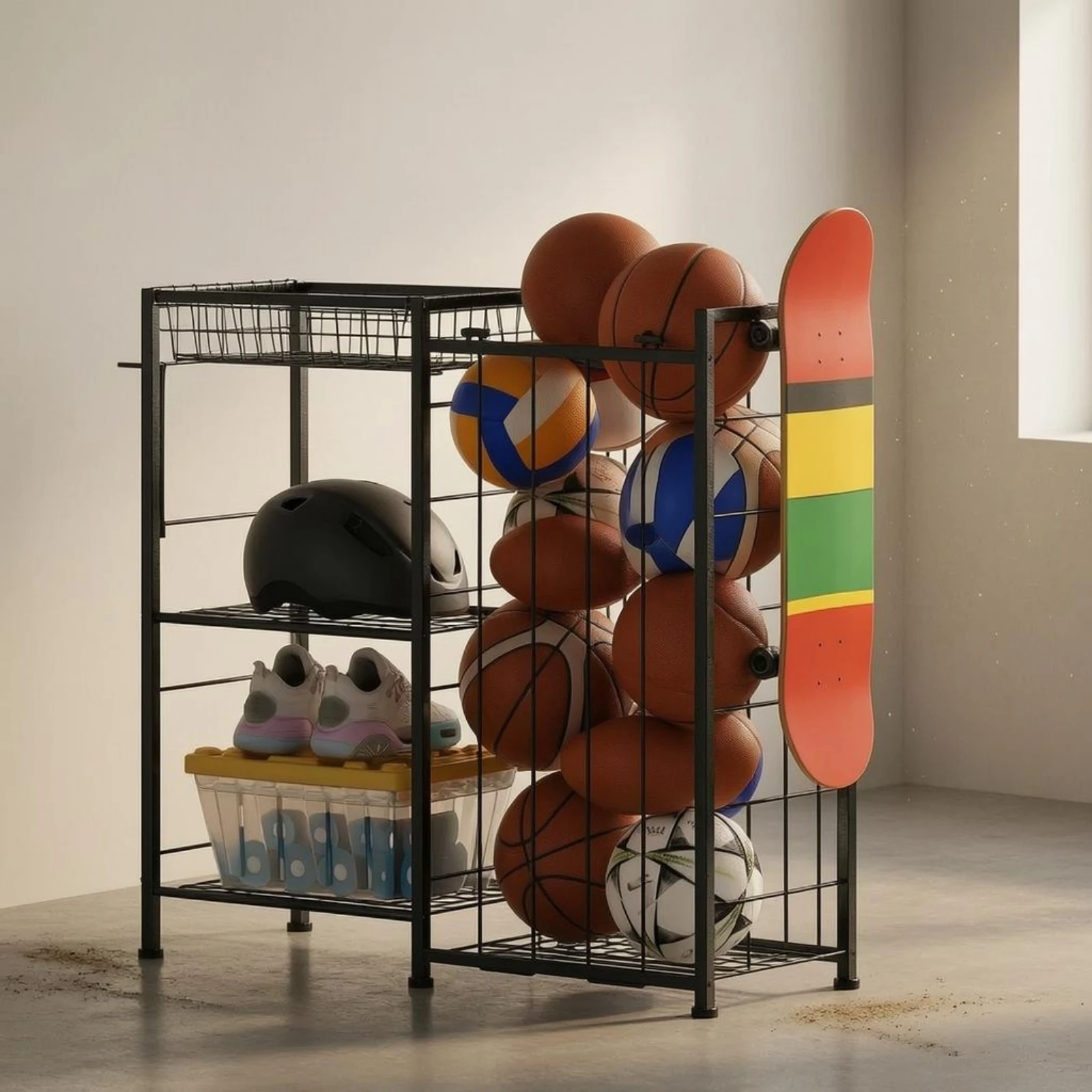 porta-palloni-sportivi-a-piu-livelli-in-metallo-nero-con-cinghie-elastiche-per-uso-interno