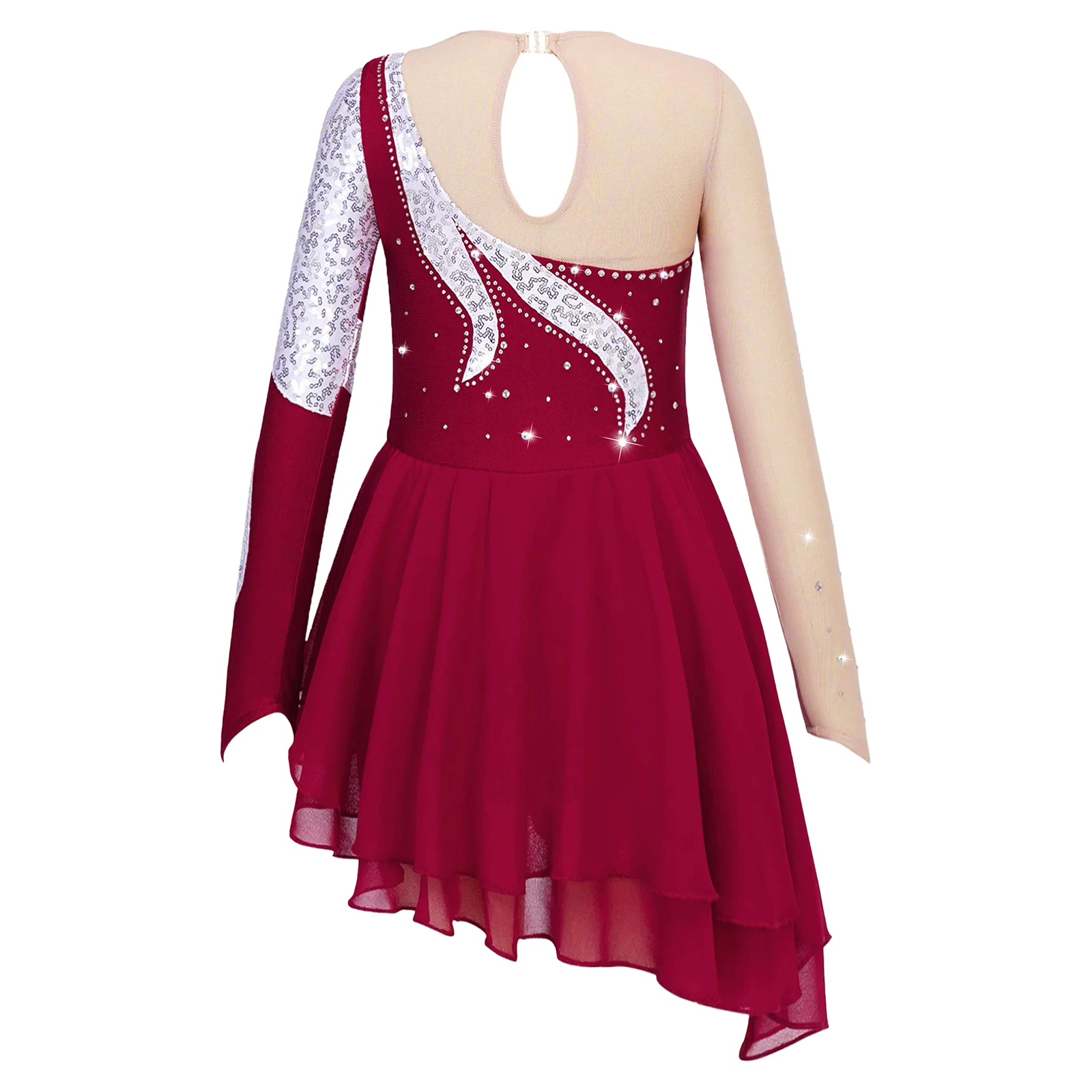 Vestido de baile de patinaje artístico para niñas, leotardo de malla transparente de manga larga con lentejuelas brillantes, tutú de Ballet, gimnasia rítmica, Ropa de baile