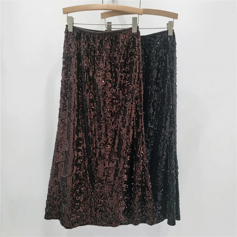 

Women Velvet Skirts Solid A Line Skirt Sequins Empire Elastic Waist Ankle Length Non Strech Streetwear Casual 2025 Autumn Winter