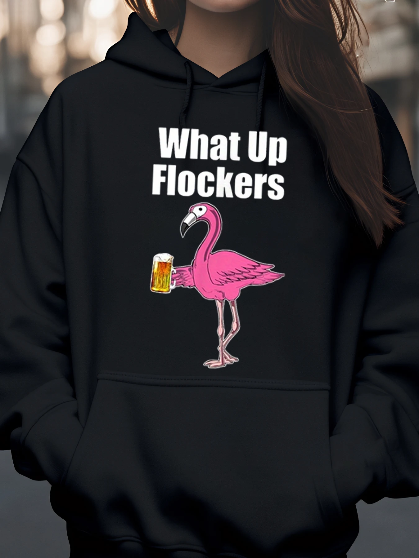 

Толстовка с принтом фламинго и пива What up и флокаров, праздничная одежда на Хэллоуин для женщин