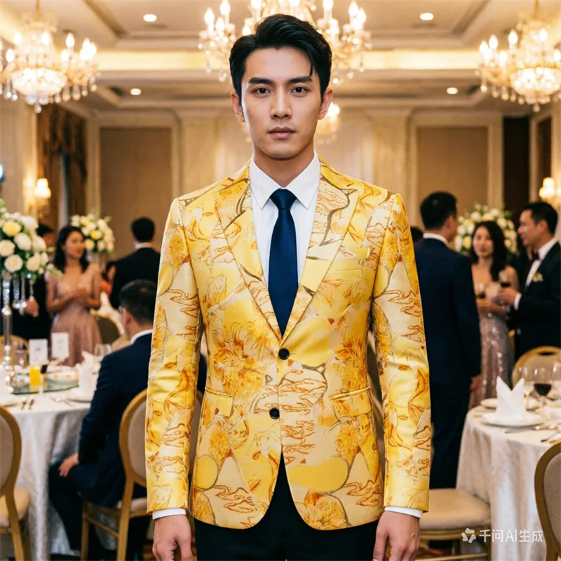 

Fashionable men's luxurious jacquard suit single button jacket men's wedding, dance, party, floral dress sports jacket