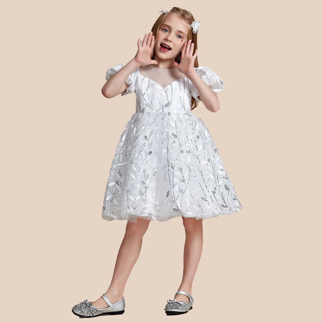 YZYmanualroom Sparkling a-line Flower Girl Dress con maniche a sbuffo 2-15T