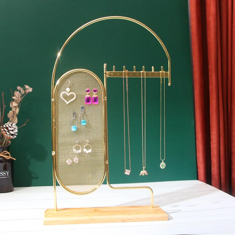 

Scandinavian style iron art necklace rack single layer 10 hooks metal gold-plated necklace rack with log base necklace display s