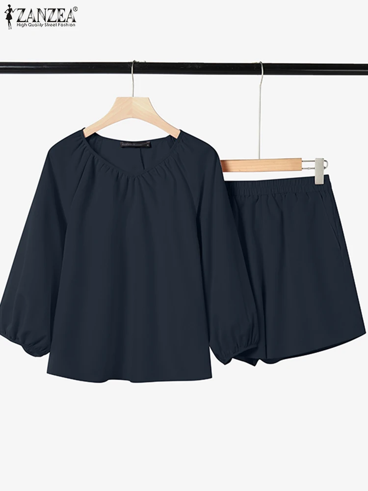 

ZANZEA Elastic Waist Shorts Solid 2PCS Short Sets Holiday V-Neck 3/4 Sleeve Tops Fashion Women 2 Pieces Outfits Casual Suits