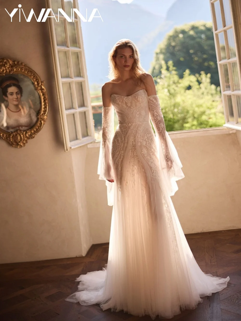 

New Detachable Sleeve Wedding Dress Lace Appliques Mermaid Long Bridal Gown Customized Charming Strapless Dresses For Bride