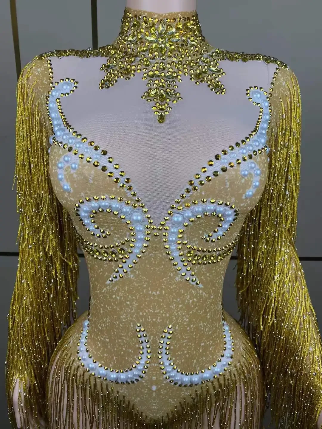 Gold Fringe Rhinestoneผู้หญิงBodysuits DJ DS Latin Jazz Leotard Dancerเชียร์ลีดเดอร์เวทีสวมใส่ถ่ายภาพProps Mardi Gras 2024