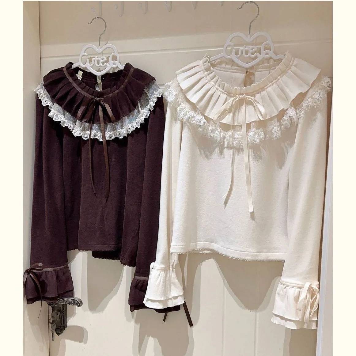 

Women Shirt Elegant Japan Style Ruffled Peter Pan Collar Pleated Bow Long Sleeve Spring Autumn Casual Shirts Top