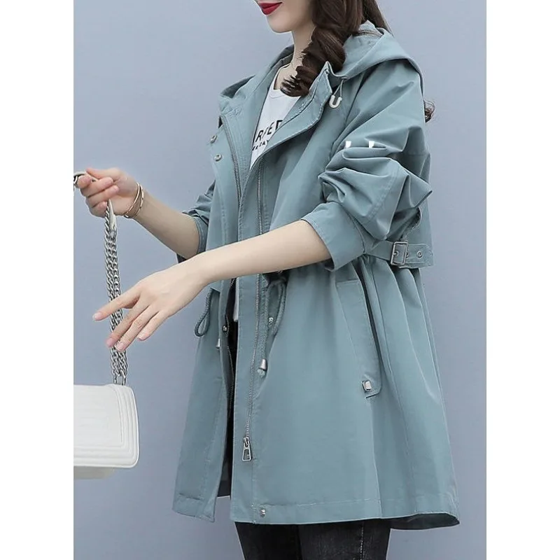

Fashion Military Coffee-colored Hooded Jacket Tooling Trench Coat Women's Medium Long Models New Loose Casual Trendy Personality