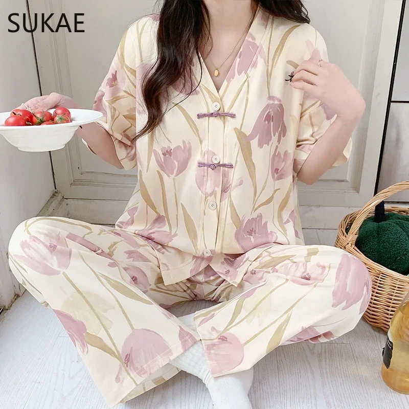 SUKAE Women Pajamas Set Summer Faux Cotton Sleepwear for Girl Leisure New Chinese Style V-neck Lady Pijama Chic Floral Nightwear