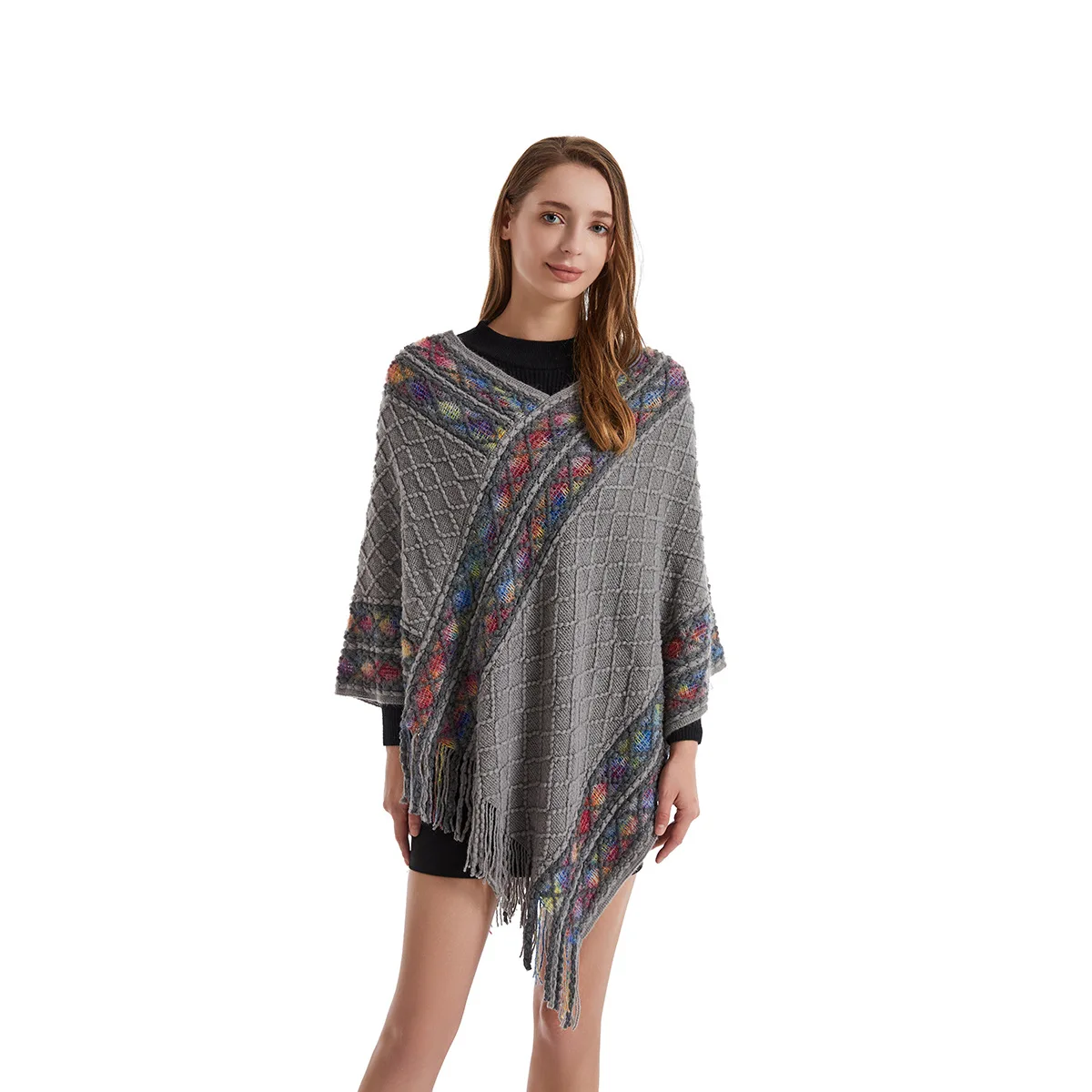 Women Spring Autumn Poncho Unique Vintage Shawl Lady Knitted Two Way Wrap with Tassels Loose Ethnic Sweater Retro Style Pullover