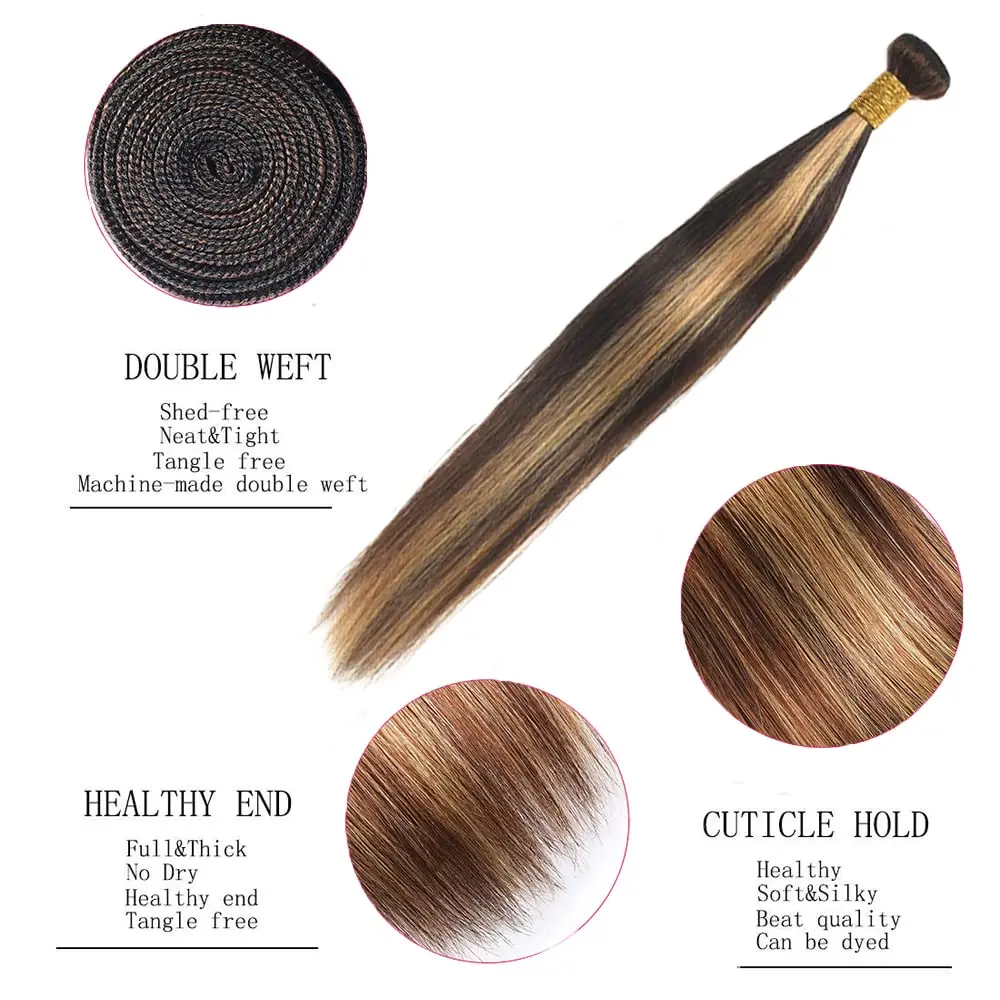 Прямые пучки человеческих волос 24, 26, 28 дюймов, 10 А, шоколадно-медовый блонд, мелирование P4/27, необработанные необработанные волосы для женщин