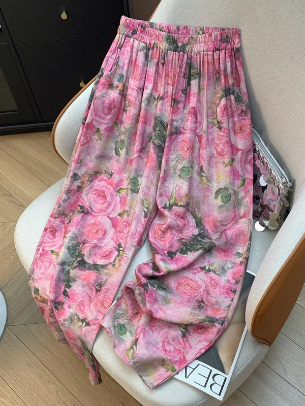 Women's Casual Comfortable Loose Printed Pants Vintage Style Natural Waist  Linen Fabric Floral Pattern Pocket Detail