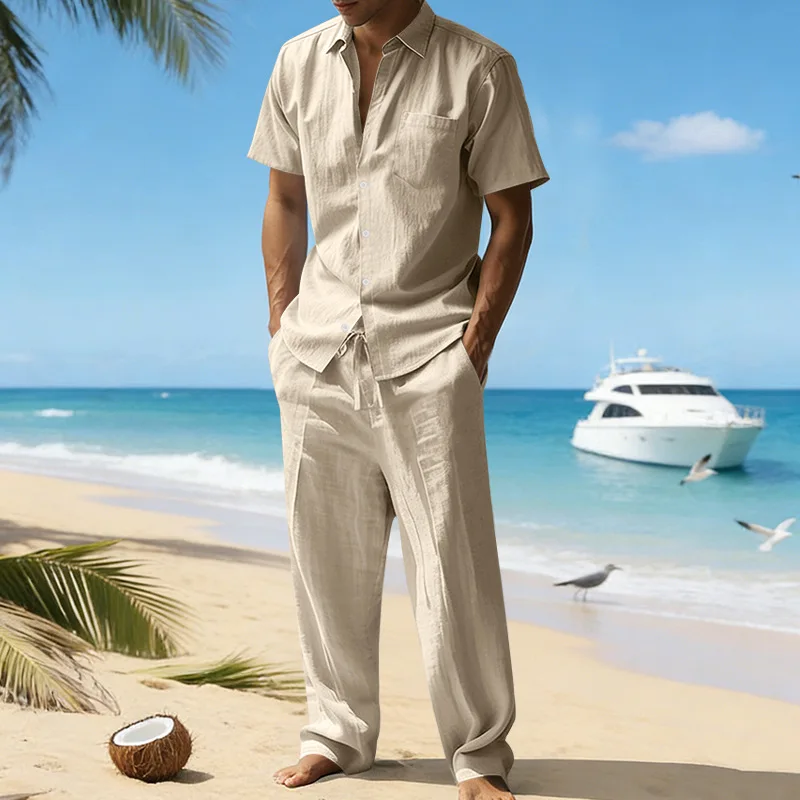 

Men's Linen Two-piece Set Casual Lapel Short Sleeve Button Down Shirt + Long Pants Tracksuit Men Summer Beach Vacation Outfits