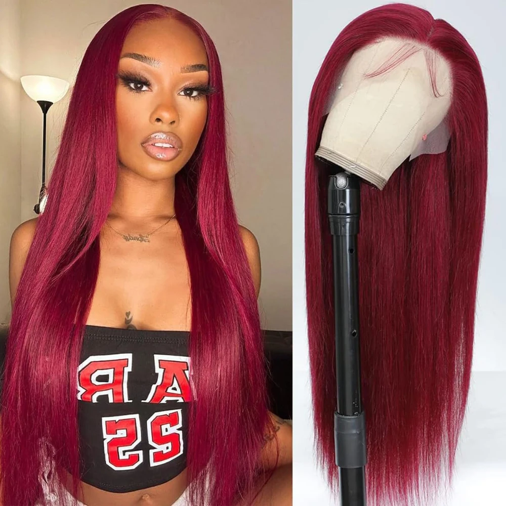 

99J Burgundy Lace Frontal Human Hair Wig Bone Straight Red 13x4 Lace Front Human Hair Wigs 99J Colored 250% Human Hair Wig 100%
