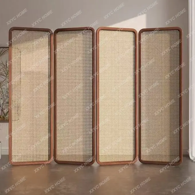 New Chinese rattan screen partition living room retro entrance entrance folding mobile solid wood folding screen
