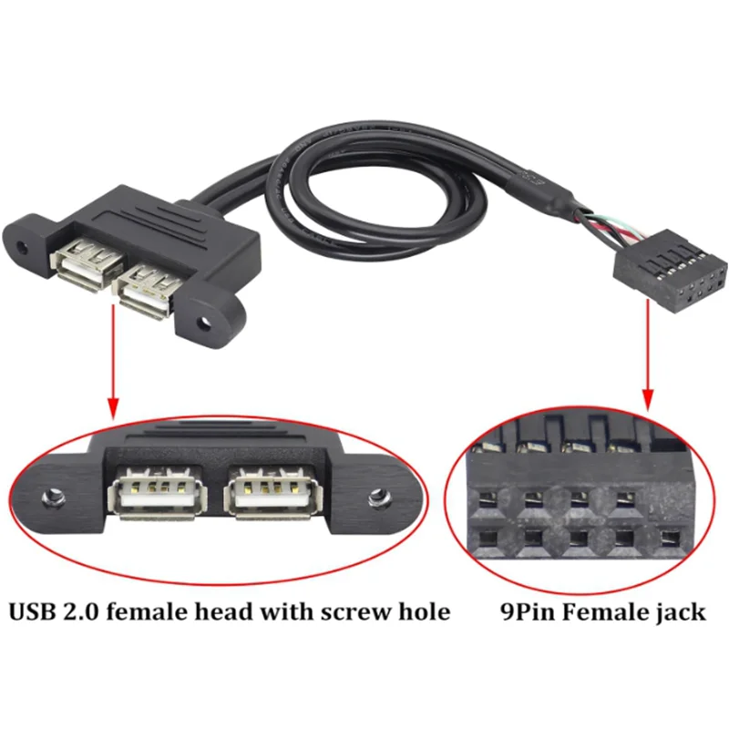 USB 2.0 to Dupont 9Pin Multiplier Splitter Cable USB 2.0A Dual Ports Female Screw Panel Mount to Motherboard 9pin Female Header