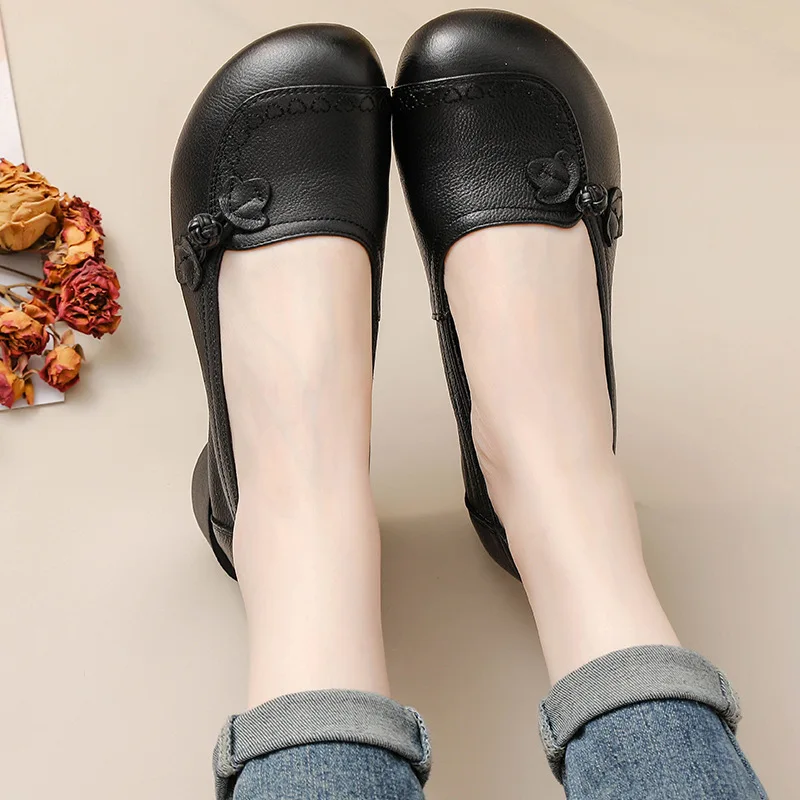 New Black retro loafers cowhide leather woman bowknot luxury ballet flats ladies autumn comfortable Mom moccasins flats