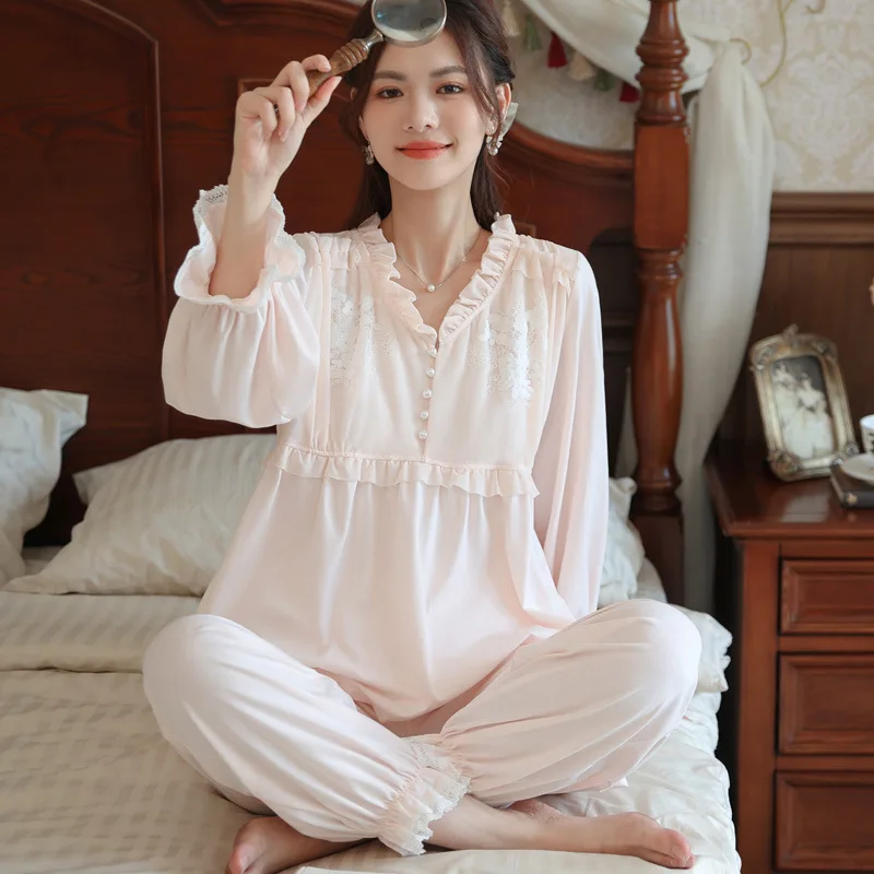 Autumn Cotton Tops Pants Loungewear Fairy Princess Sleepwear Vintage Long Sleeve Pajamas Women Sweet Lace Round Neck Pajama Sets