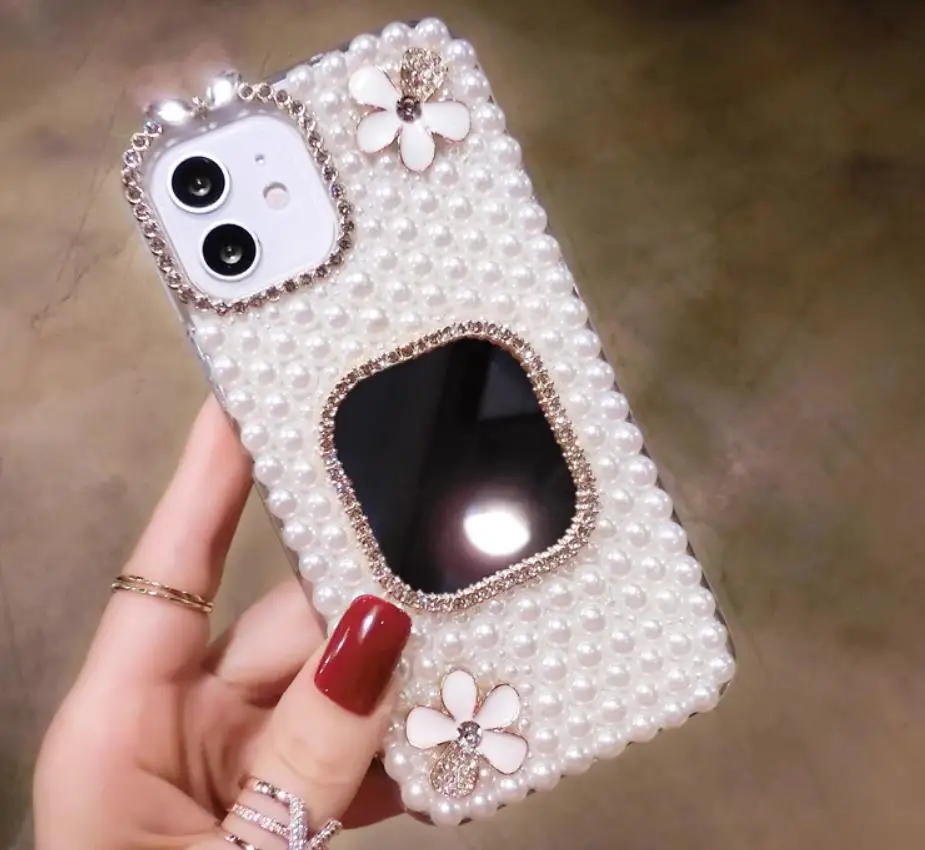 

Mirror Pearl Case For iPhone 12 13 Mini Shockproof TPU Soft Phone Cover 14 15 11 16 Pro Max Plus Handmade Flowers Fundas