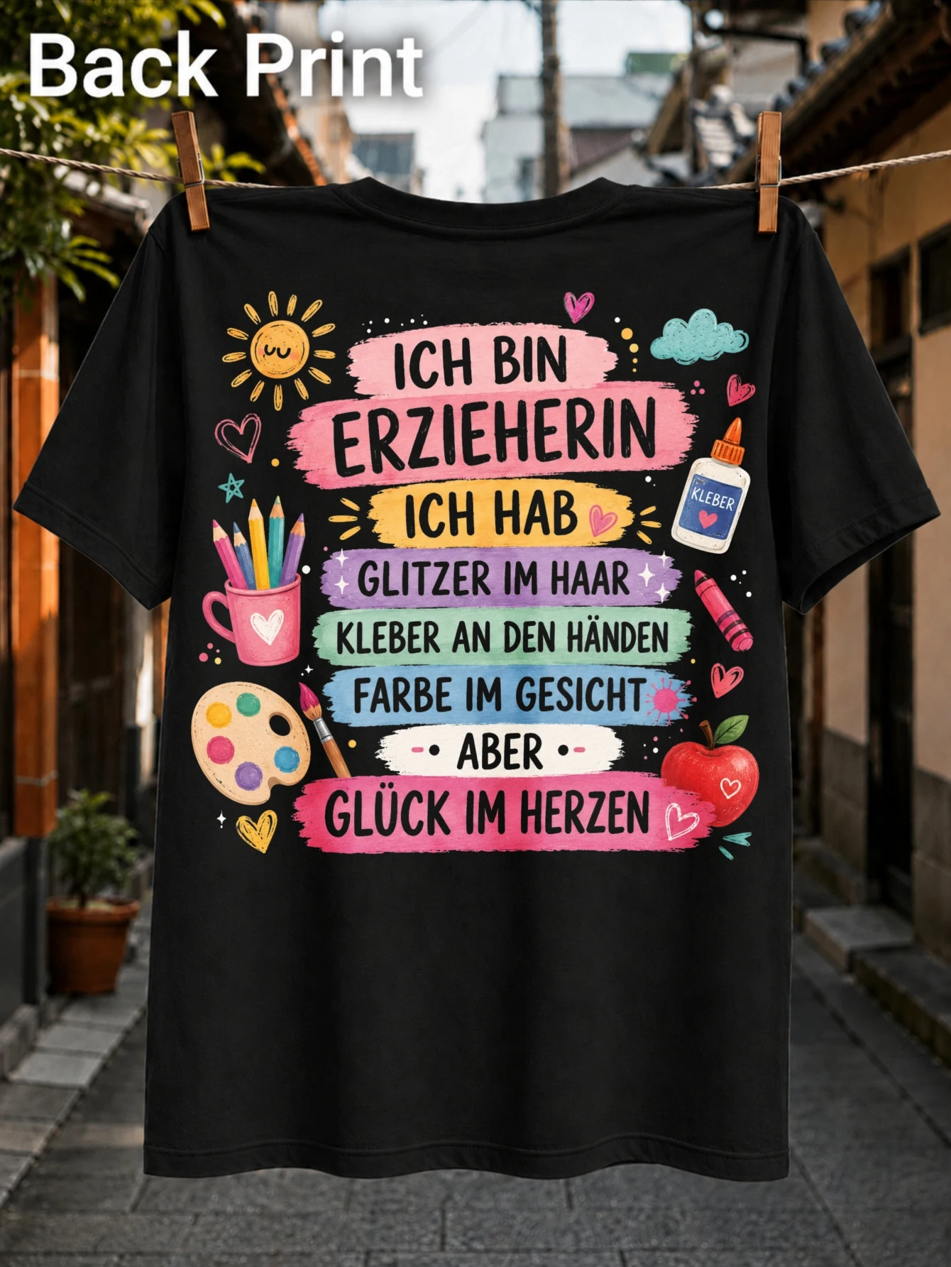 colorful German ICH BIN ERZIEHERIN slogan with pencils glue paint palette apple and school art  Unisex All T-Shirt