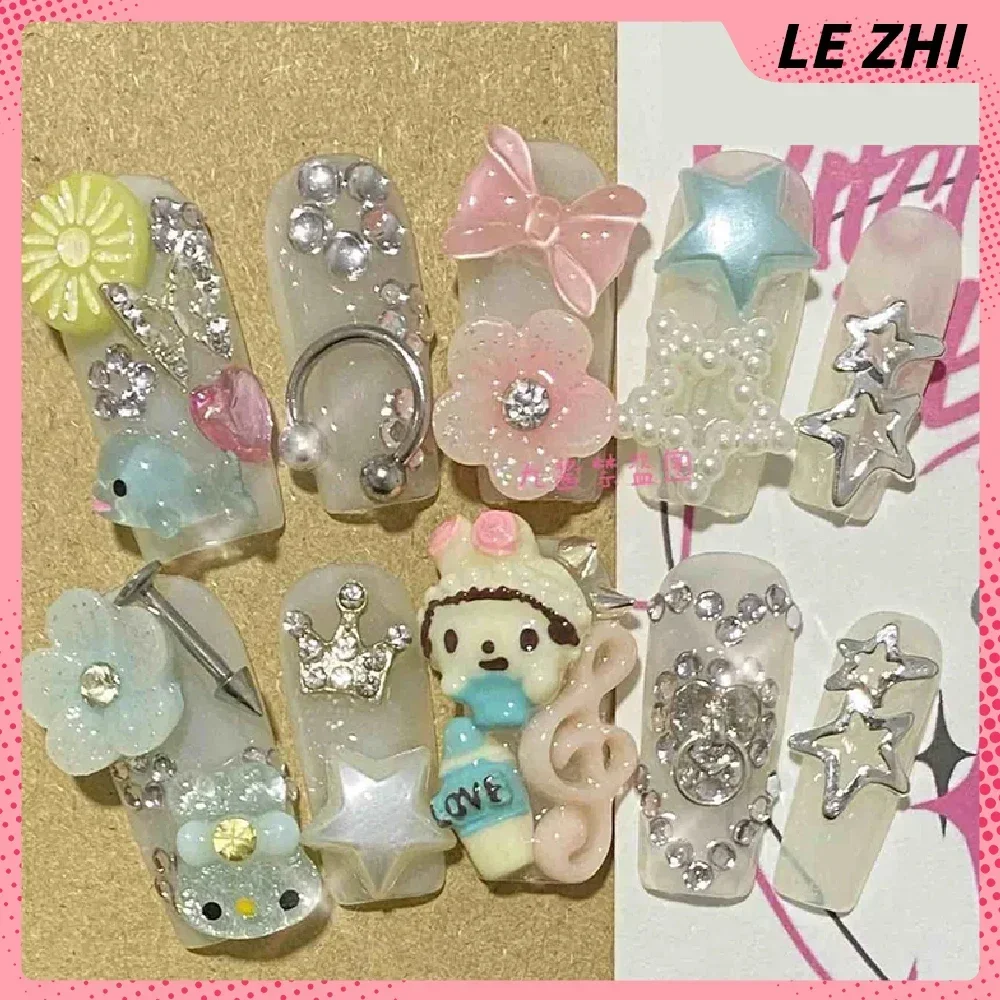 Sweet Cool Long Square Sexy Lace Press On Nails Long Coffin Leopard Cherry Reusable Full Cover Nail Party Sticker