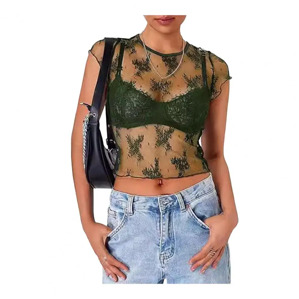 

Crewneck Short-sleeve Top Sexy Lace See Through Mesh Crop Top for Women Breathable Short Sleeve Blouse Ideal for Parties Summer