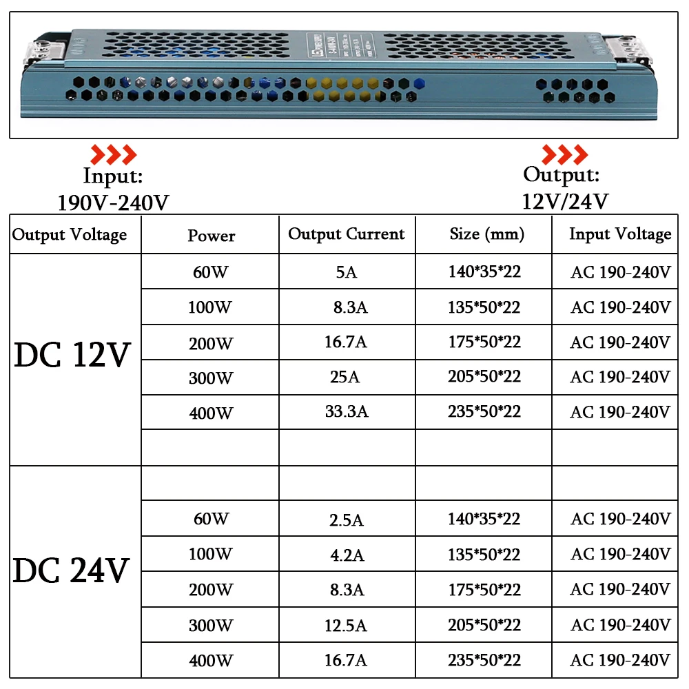 DC 12V 24V Schalt Netzteil AC190-240V Stumm Beleuchtung Transformatoren 60W 100W 200W 300W 400W LED Licht Fahrer Power Adapter