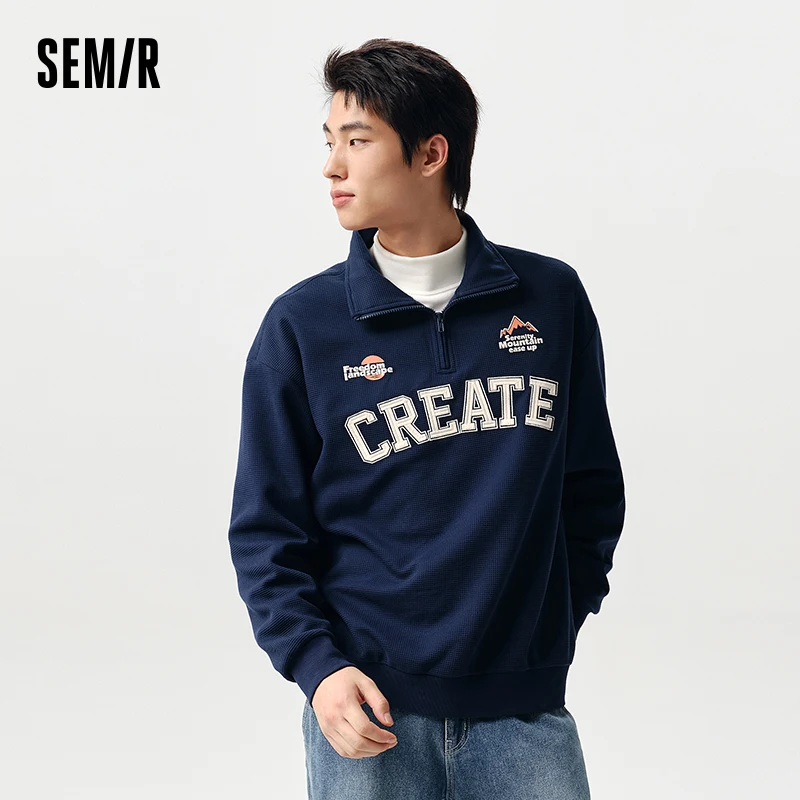 

Semir 2024 Sweatshirt Men Spring Half-Front Fashion Letter Embroidery Loose Casual Top Trendy Texture Waffle Tops Men