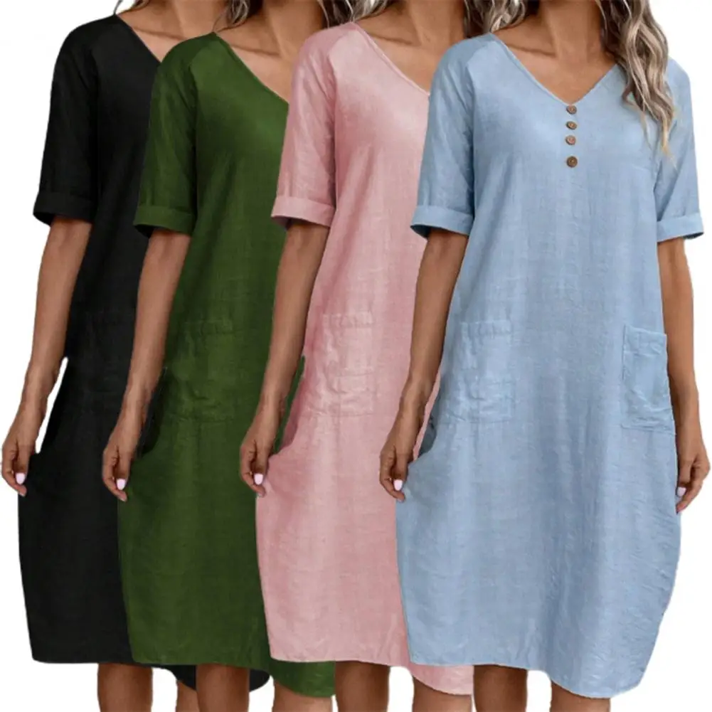 

Lady Loose Dress Stylish V Neck Midi Dress with Button Decor Side Pockets for Women Knee Length Summer Dress Plus Size Solid