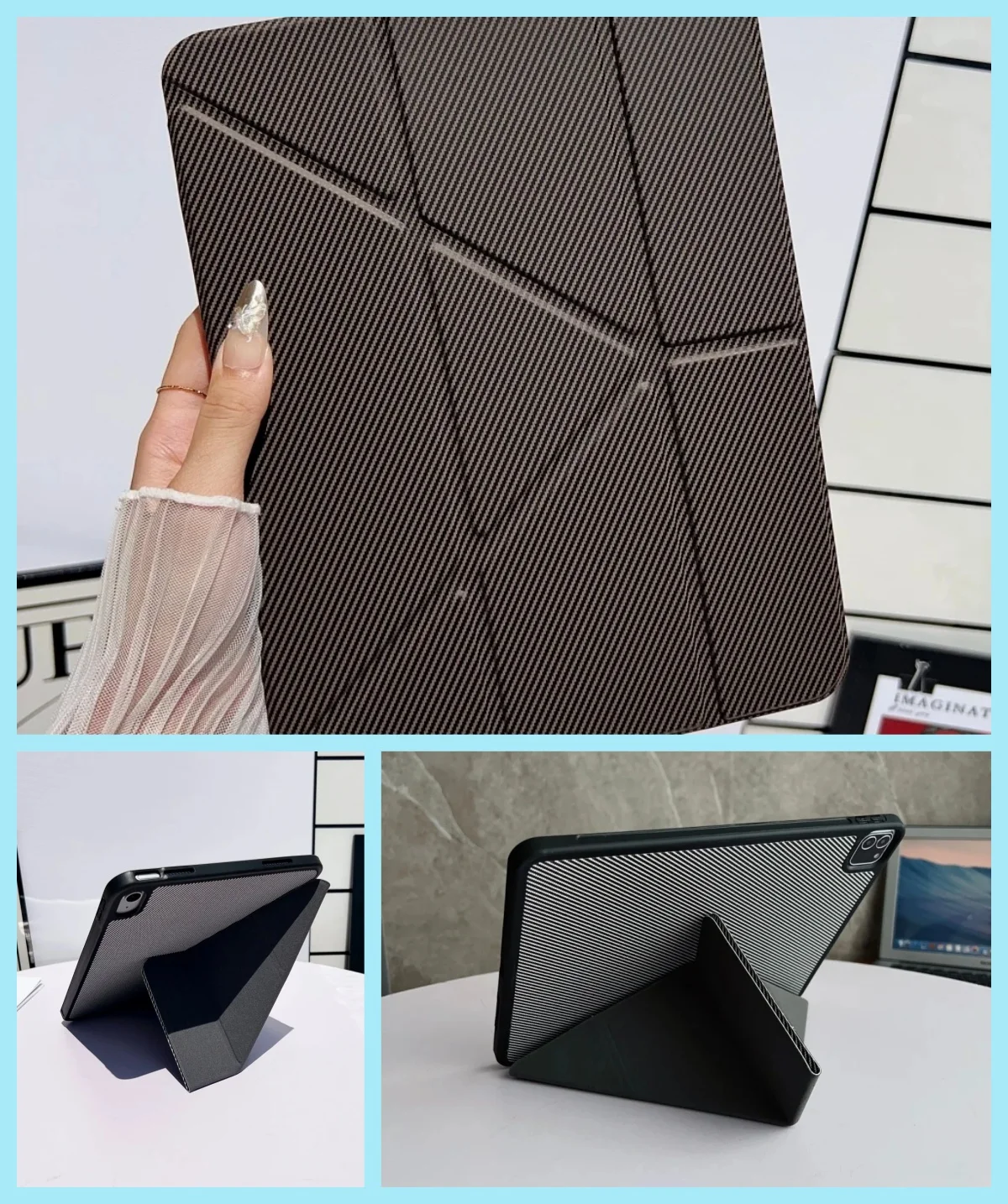 

3Y foldable carbon fibre texture case with pen slot For iPad Air 4 5 iPad 8th 9th Pro 11 Mini 6 7 8.3 models Y-bracket Cover