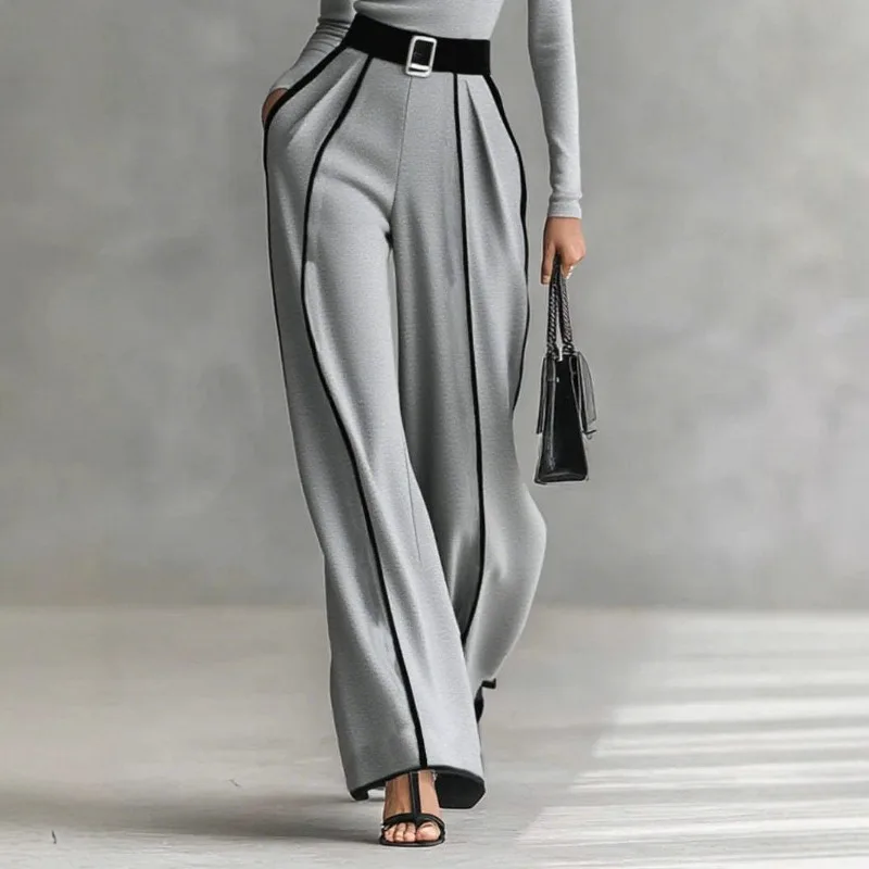 2025 Temperament Autumn and Winter New Product Polished Long-sleeved Waist Wide-leg Trousers