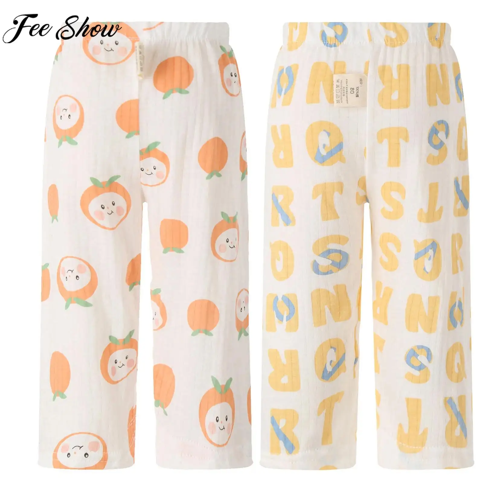 

Kids Summer Casual Soft Cotton Pants Elastic Waist Print 2Pcs Set Calf Length Trousers Daily Wear Homewear Sleepwear Loungewear