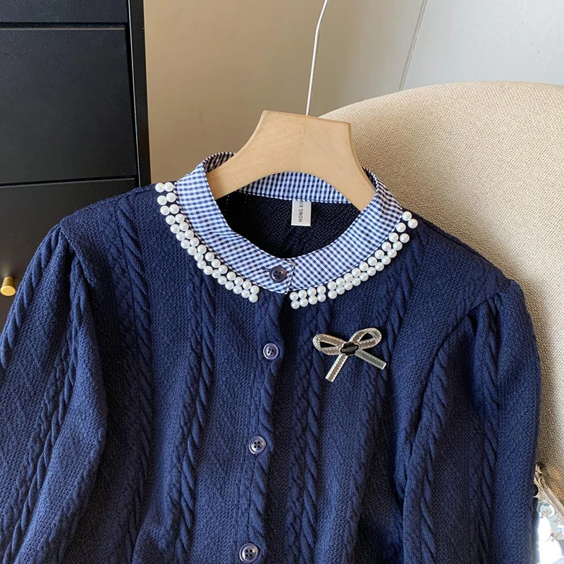 Модный лоскутный женский кардиган с милым бантом, однобортный вязаный укороченный свитер Y2K, вязаные джемперы с оборками и длинными рукавами