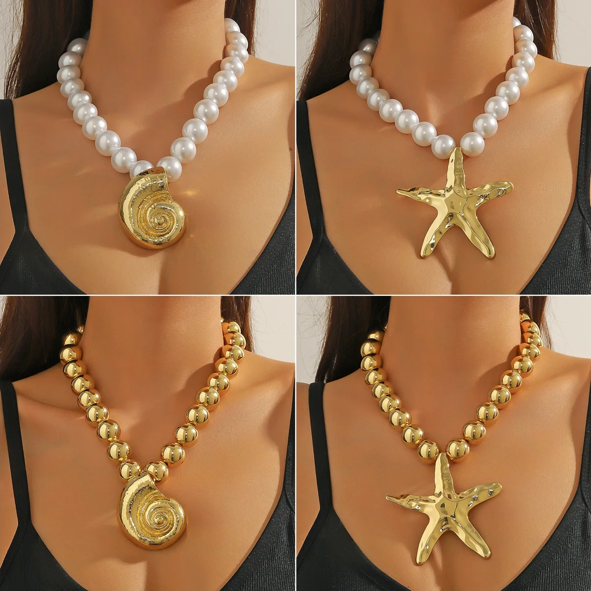 

Ocean Starfish Pearl Pendant Necklace Beach Conch Shell Metal Starfish Jewelry Fashion Accessory for Beach Themed Outfit