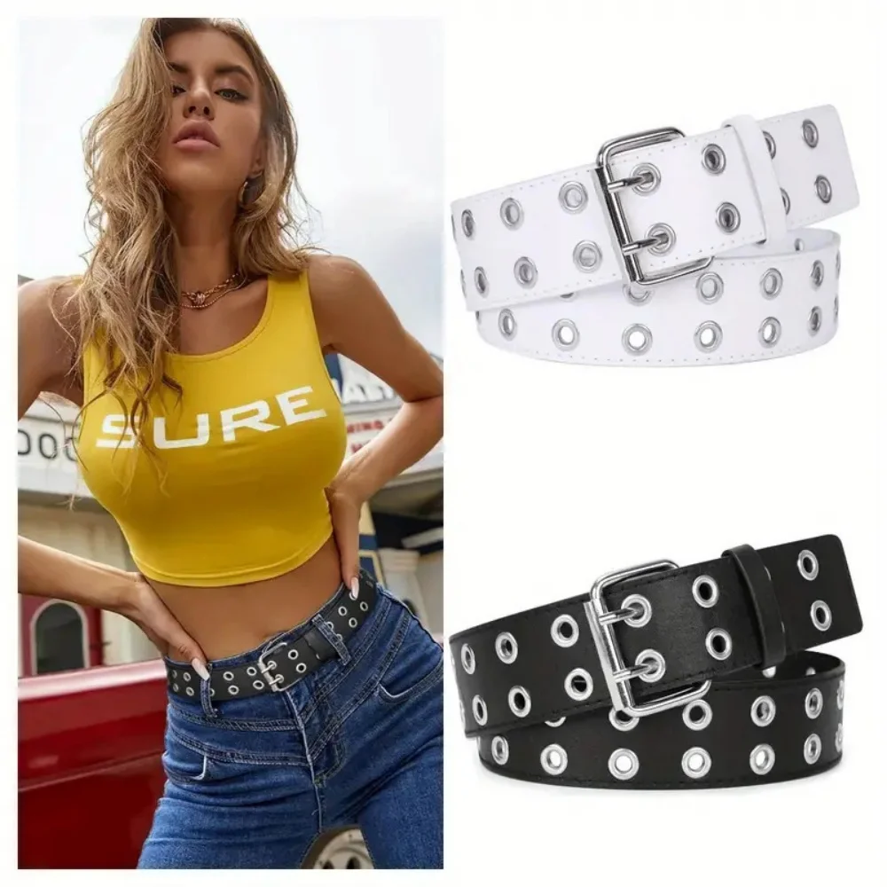 Double Hole Jeans Belt Versatile Y2k Punk Belt Pu Leather Belt Riveted For Dresses Party Male