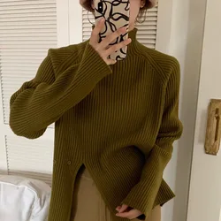 Women's Turtleneck Sweater Spring Autumn Fashion Side Split Slim Pullover Korean Long Sleeve Thicked Knitted Bottoming Tops