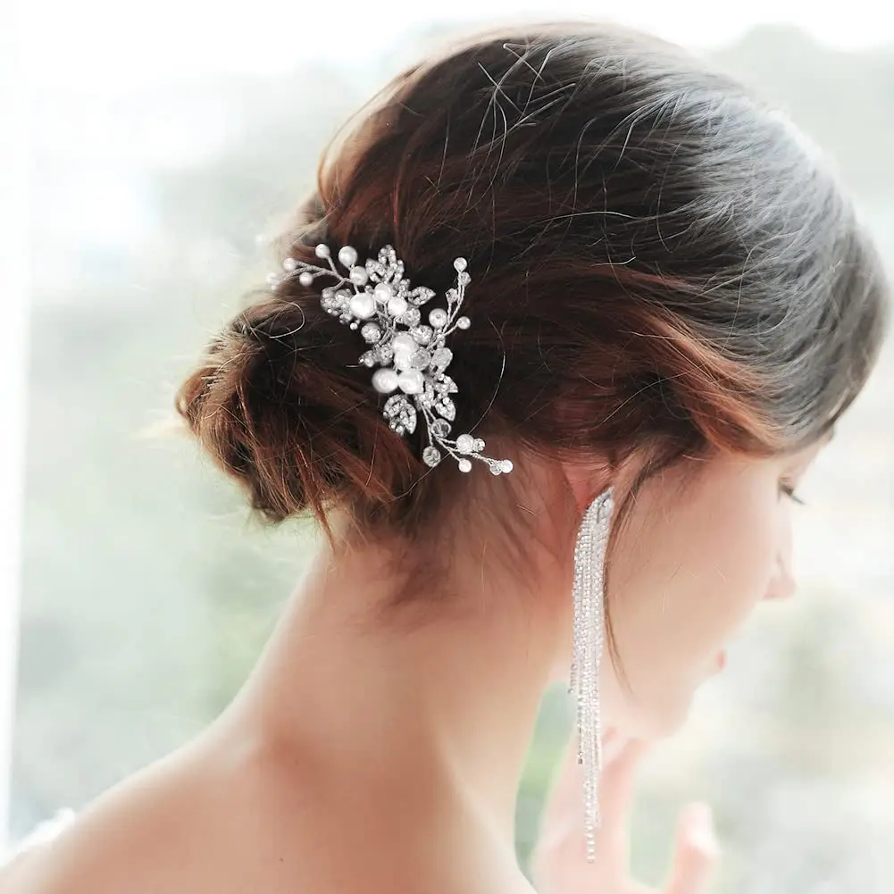 Crystal Leaf Pearl Rhinestone Flower Handmade Fashion Hair Comb Clip Gift Bridal Wedding Hair Accessories Jewelry Hair Comb Clip