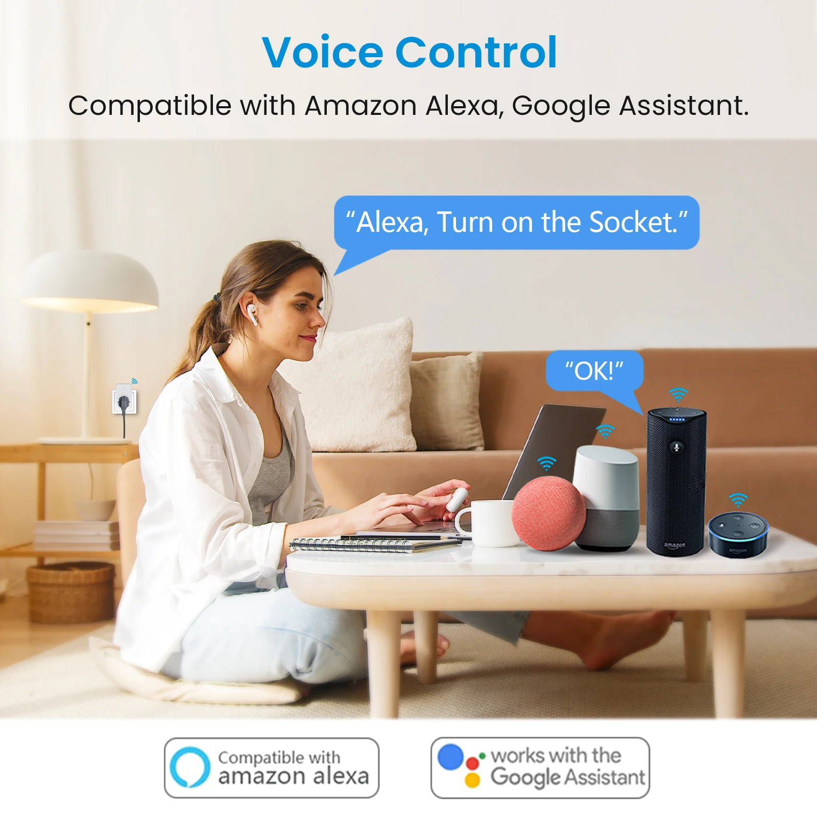 QCSMART Wireless EU Smart Socket Power Consumption Logging Tuya Smart Life App Remote Control Google Alexa