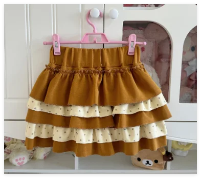 和風可愛いソフトでキュートな刺繍入り水玉レースフード付きサマーバブル半袖スリムブラウンコートケーキミニスカートセット