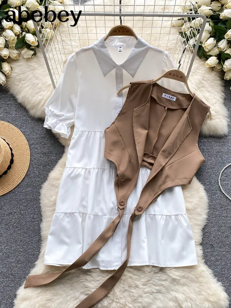 Japanese Style Woman Oversized Unique Two Piece Outfits Short Sleeve Casual Blouses Vest Set Feminine Shirt chemise femme