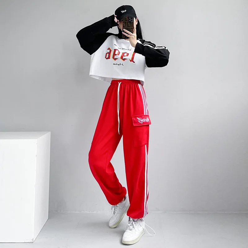 Street Dance Hip-hop Dance Clothes Women Pant Suit Tracksuit Wear Round Neck Color Blocking Korean Group Costume Dance Wear