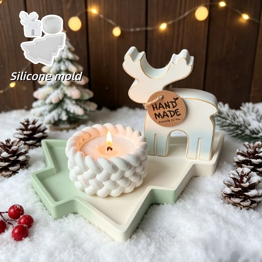 3pcs Set Flat Reindeer Corrugated Round Cup Christmas Tree Shape Tray Silicone Mold Set Drip Resin Silicone,  Handicrafts,
