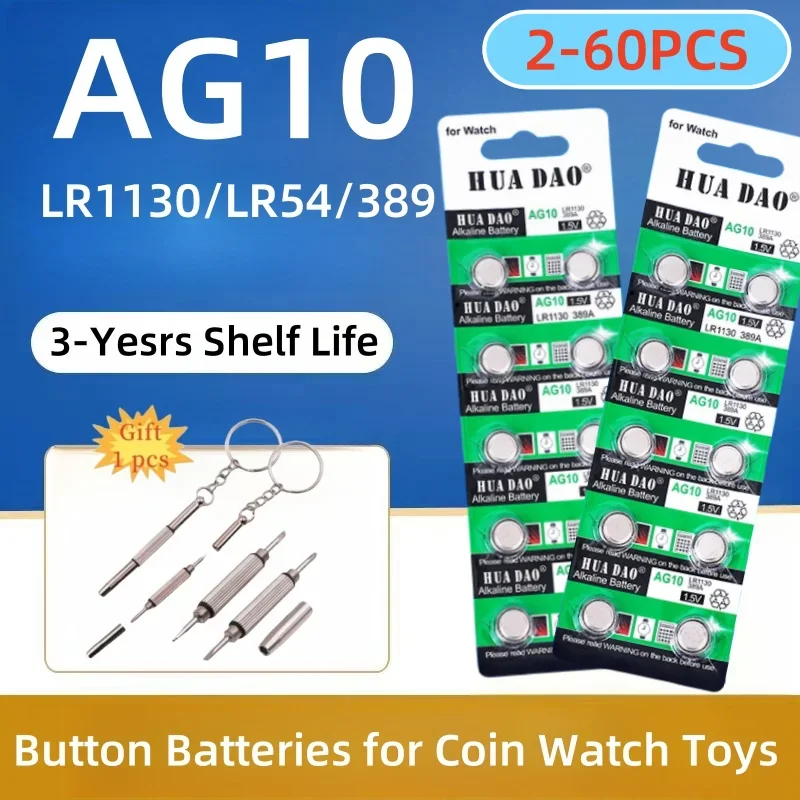 

2-60PCS AG10 1.55V LR1130 Button Batteries 389A 198 LR54 189 LR54 Cell Coin Alkaline Battery SR54 389 189 for Watch Computers