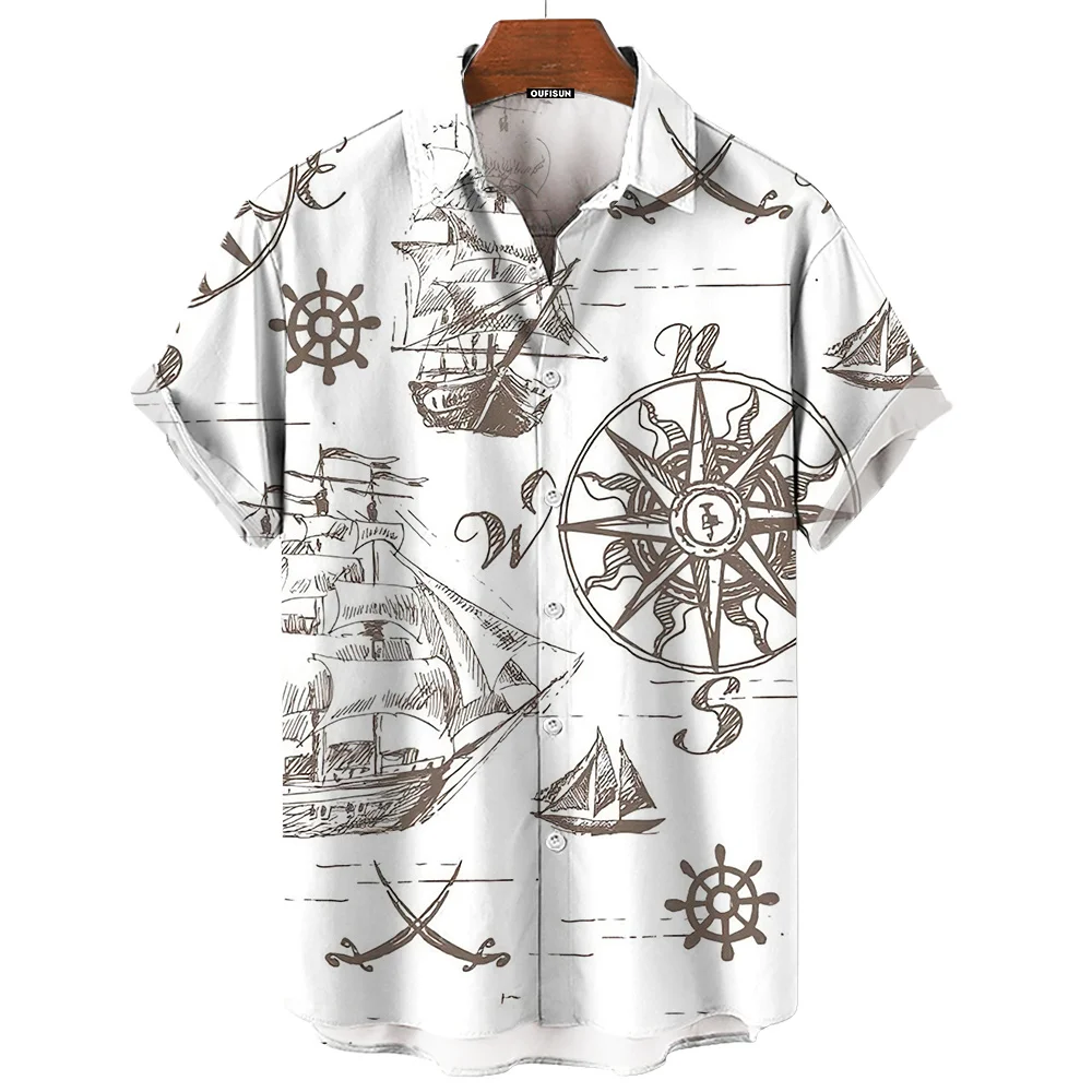 Vintage Men\'S Shirt 3d Sailing Boat Print Men Clothing Summer Casual Short Sleeve High Quality Top Tee Hawaiian Beach Sweatshirt