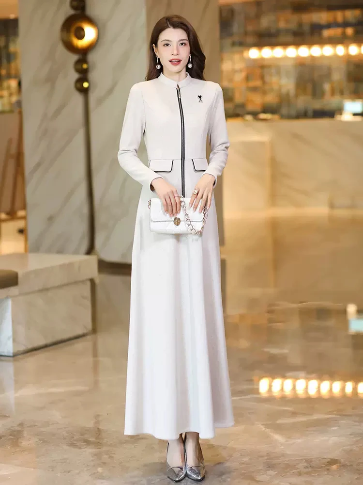 New Women Spring Autumn Long Woolen Dress Fashion Small Stand Collar Long Sleeve Slim Thick Dress Elegant Beige Overlength Dress