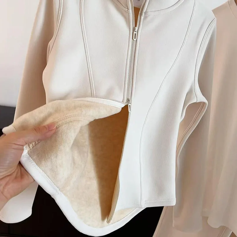 

Warm Double-Faced Velvet Outerwear Autumn Winter Slim Fit Zipper Stand Collar Jacket Women's Casual Versatile Windproof Coats