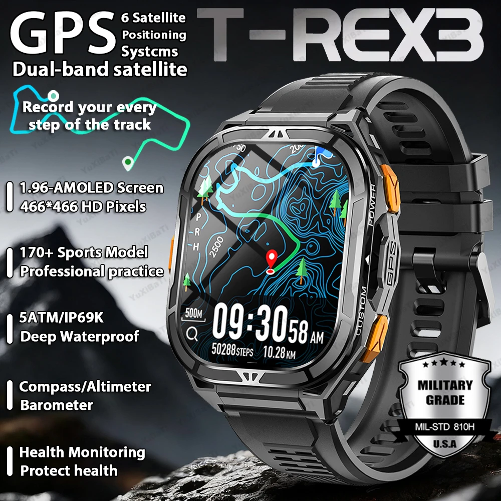 

2025 NEW Smartwatch 5ATM Waterproof GPS Dual-Frequency tracking 1.96" AMOLED 530mAh Compass 170+ Sports Fitness Tracker cycling