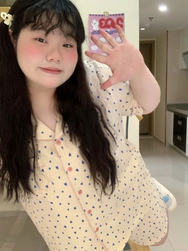 Plus size Chubby Girls Pure Cotton Pajamas Women's 2024 New Summer Short-sleeved Shorts Home Clothes Pure Cotton suit M-5XL